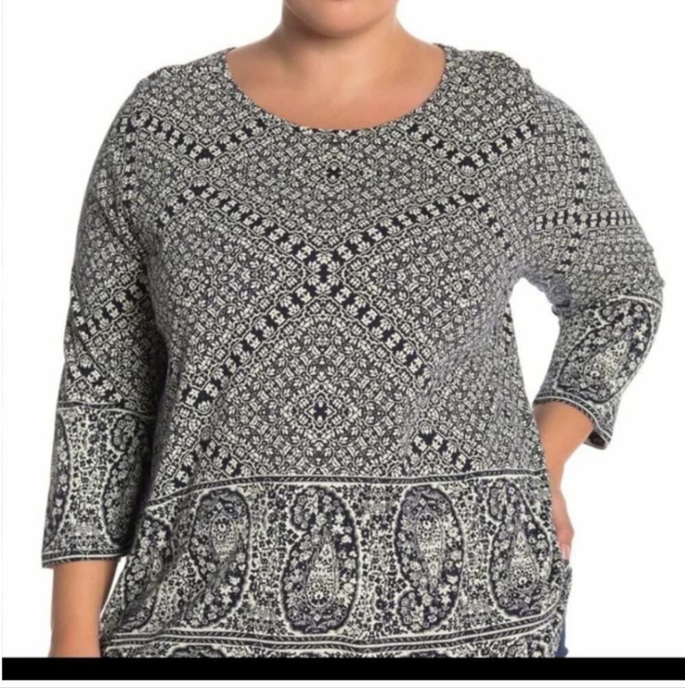 Lucky Brand Navy Blue & White Paisley Border Long Sleeve Blouse Size M